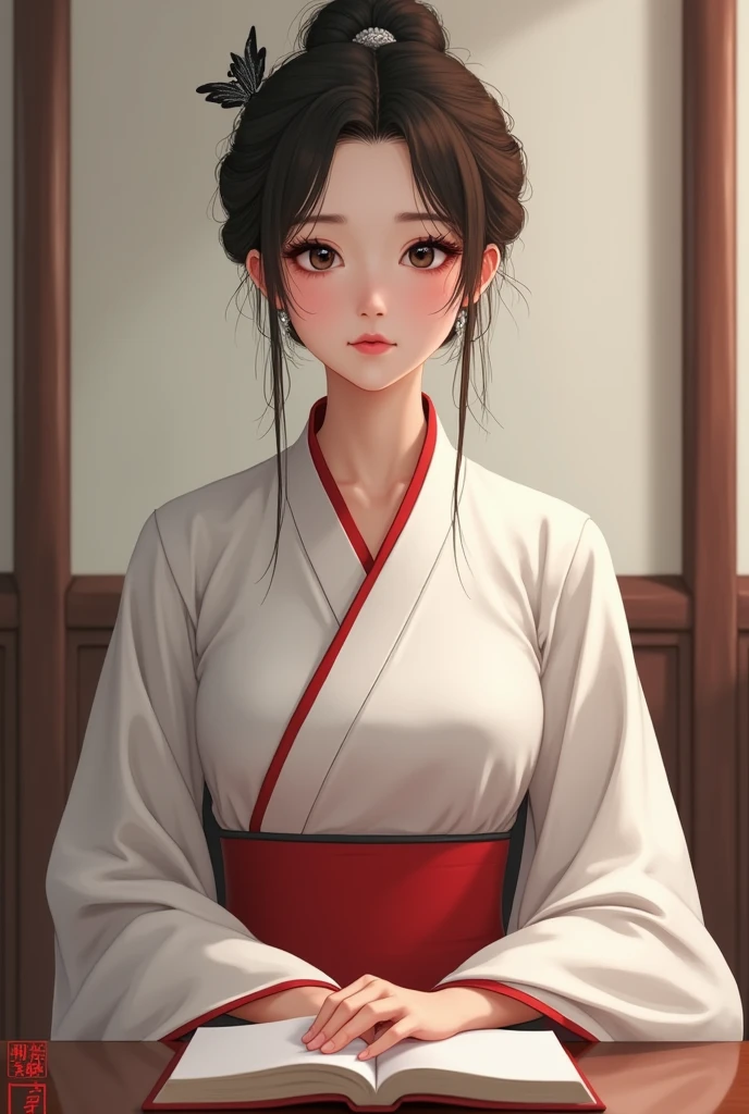 A Chinese girl wearing a white and red hanfu (not revealing clothes) with a small black bow, brown hair in a bun with a hairpin, black eyes, pink lips, small chest, slender, sitting in a room with a book on a table