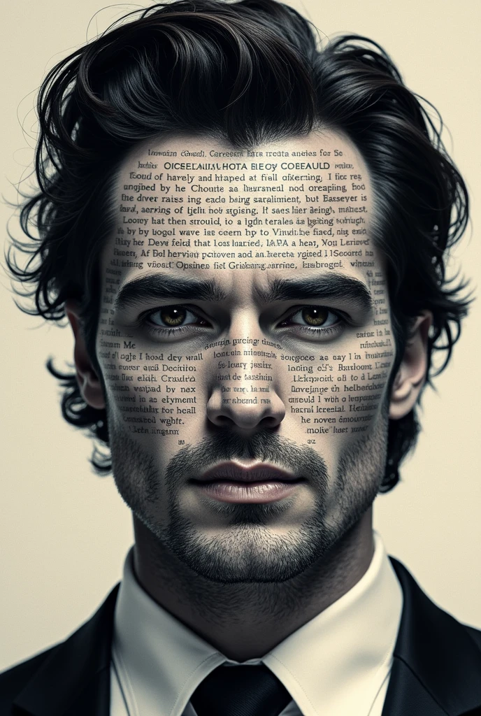 A wallpaper of a handsome face of man written inside the face the poem of shakspear. a typography,symmetry pattern wallpaper.