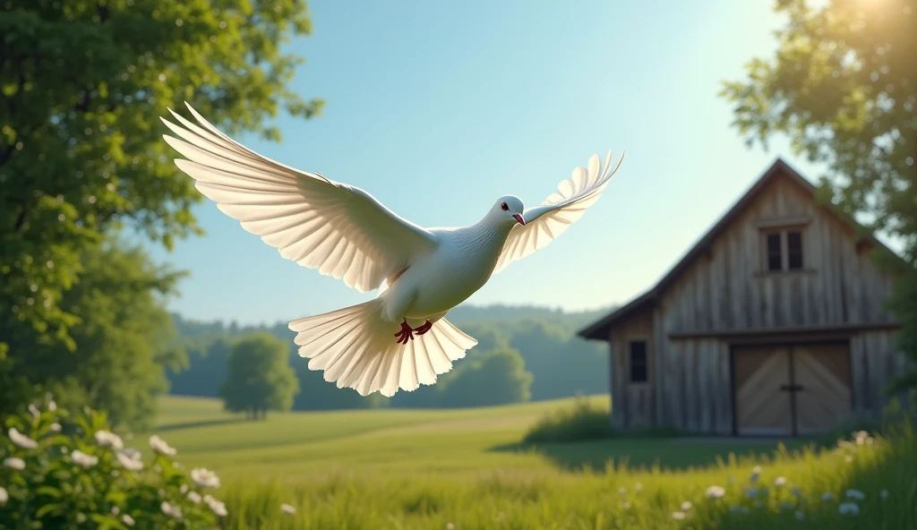 A white pigeon flying in a peaceful farm, pristine white feathers, gliding gracefully through the blue sky, sunlight reflecting off its wings, a rustic wooden barn in the background, lush green trees surrounding the farm, a tranquil countryside landscape, cinematic lighting, realistic, photorealistic, 8k