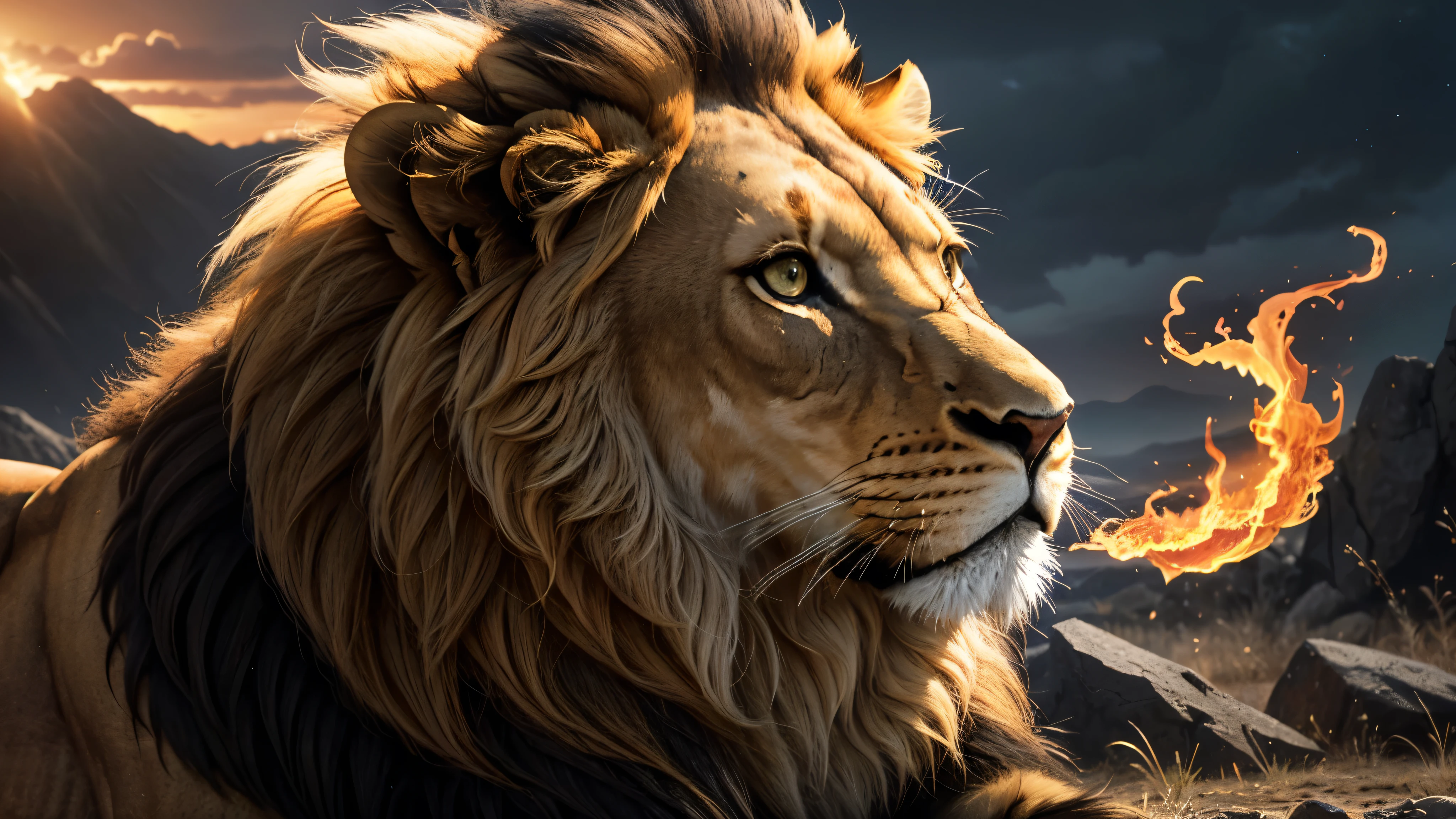 Lion, lions, Beauty Creature, Divine lion, naturals, naturals, ferocious, masculine, mighty, Lion dourado, Powerful lion, beautiful nature, Great Realistic lion, FullHD 8k, Light of sky, sunset night, Clear sky Sun, golden black, black andwhite, black and gold, detailed realistic face, 8k Detailed Realistic White leão, ultrarealistic 8k |Energia de thunder realista detalhada, Strong Creature realista detalhada, Strong Creature, male lion, Rendering, Fotorrealista 8k, UltraHD Alta definição 8k, Detailed Realista 16K, Nitidez Fotorrealista 8k, 16K photorealistic textures, Contraste Fotorrealista 8k, Sombras Fotorrealistas 8k, Luzes Fotorrealistas 8k, Detailed Realistic Sunset, Detailed Realistic leão Face, Detailed realistic light, detailed textures, thunder, detailed shadows, detailed colors, Celestial Electricity, Golden thunder, Realistic Lion, Ultra Realista 16K, Realista 16K, Realista 16K sharpness, 16K photorealistic textures, 16K realistic colors, powerful creature, Majestic power, Power of Heaven, Great Divine, detailed contrast, realistic contrast, high resolution, detailed colors, fire, villany, divine creature, 8k, realistic detailed, 16K, 8k, High definition, detailed contrast, realistic contrast, high resolution, detailed colors, fire, villany, divine creature, realistic detailed, chic, posh