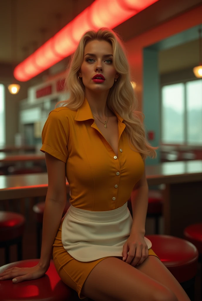 sexy waitress, 70s, cafeteria, mustard-colored waitress uniform, white apron, red lips, blonde, sexy mole above upper lip, sitting on the counter, night. big breasts, sexy pose. open mouth, long red ceiling lamp