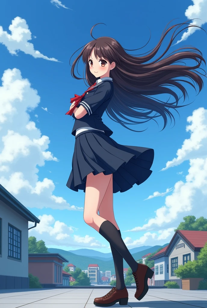  anime girl posing with long hair on school rooftop while wind blows the hair