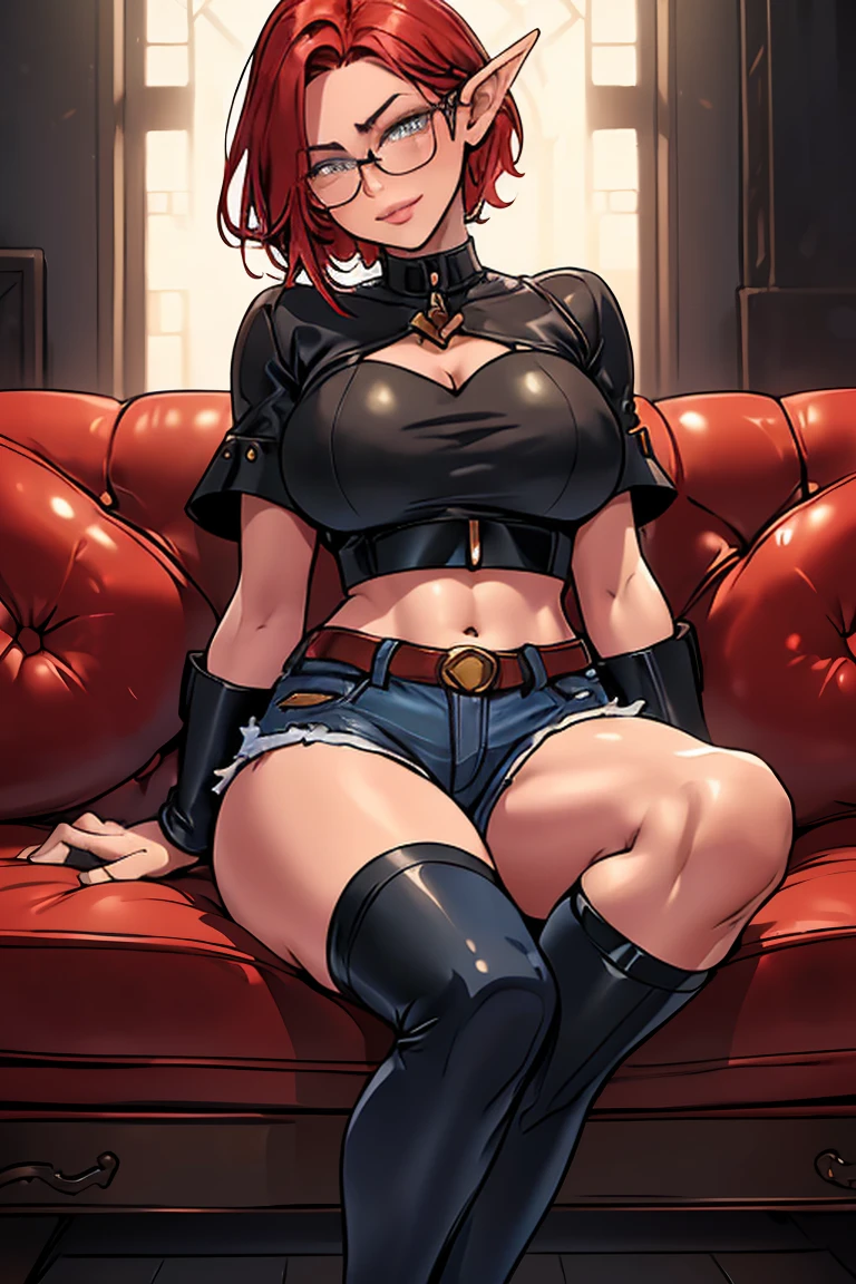 1girl, beautiful elf woman, ((Short Red Hair, Straight, has shine)) Blue eyes, double eyelids, light effect on eyes, detailed irises, beautiful curvy body, glasses, white crop top shirt, blue denim mini shorts, black high heels, ((Work of art, hyper-realistic, hyper detailed, Best Quality, 16k, light and shadow on skin, vivid colors)) ((leaning back on leather couch in dimly lit room)), ((Hands cupping breasts)) Lustful Expression, perfect lips, sexy mature face, lots of freckles all over body, full pouty lips, extreme blush, sensual smile, night time, moonlit sky, ((Front View)), ((Full body shot)), breasts are covered, Lustful smile at viewer