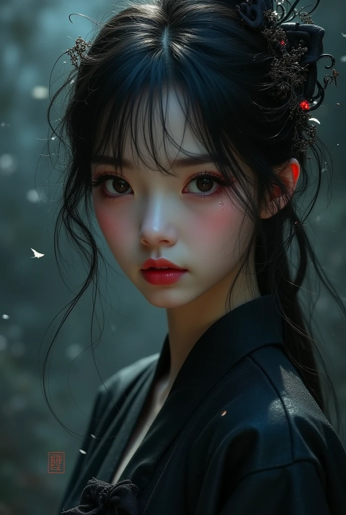 1girl, beautiful detailed eyes, beautiful detailed lips, extremely detailed face, long eyelashes, japanese, dark princess, cute face, elegant, graceful, dramatic lighting, dark fantasy, highly detailed, digital painting, concept art, realistic, cinematic, dramatic shadows, moody colors, rich colors, atmospheric, half body
