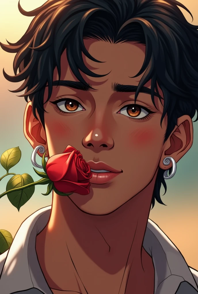A very manly Indian boy with an earring with a rose in his mouth, anime-style, very attractive, but tender at the same time and flirtatious, more tender and masculine with the silver earrings and a little more tender himself, but more Indian and more masculine.