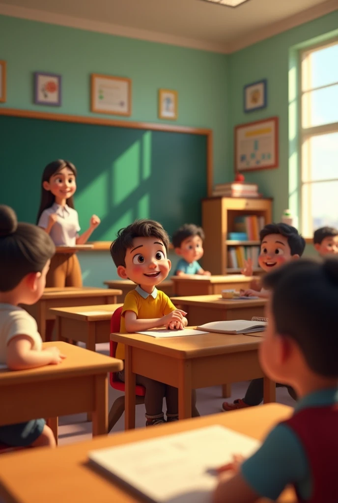 In cinematic 3d cartoon style' Classroom Scene: "A lively classroom filled with students, some laughing and whispering while a teacher is writing on the blackboard. The students are sneaking in conversations with grins on their faces, capturing the essence of playful school days. The classroom is vibrant, with wooden desks, books, and colorful posters on the walls. The teacher appears focused, unaware of the students' chatter, creating a nostalgic vibe of mischievous moments."