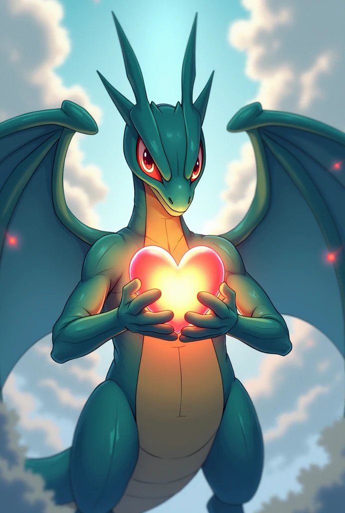 ((Pokemon rayquaza)) avec un coeur dans les main, logo t shirt 