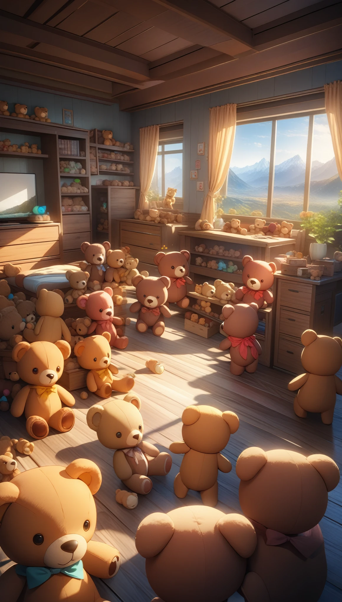 Cute teddy bear, Lots of teddy bears, Moving happily, Cute room, ((32K)), ((best quality)), ((ultra high res)), ((HDR)), ((uhd)), ((extremely detailed CG)), ((unity 32K wallpaper)), (((illustration))),