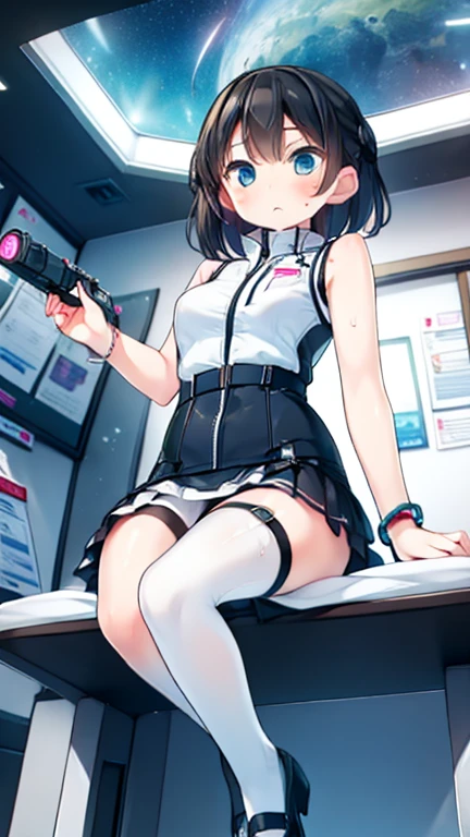 (Highest quality), (masterpiece), 1080P, High resolution, 4K, 8k, Inside the space station、Futuristic room、Thigh straps, Shooting from directly below, The woman on top of me, 白いSweat, Covered , Sweat, Woman looking down, Skirt swimsuit, Thigh-high socks, To achieve this, , , whole body, Black leather shoes, Braided hair, Inner Color, Embarrassed face, Short black hair, bracelet, Bedroom,celestial body_Vest