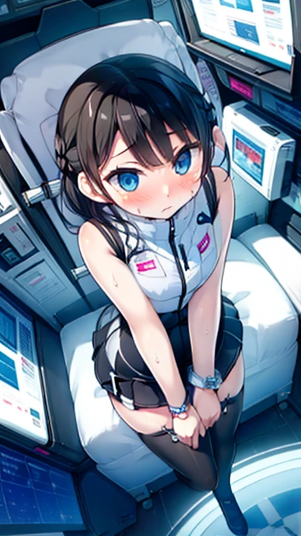 (Highest quality), (masterpiece), 1080P, High resolution, 4K, 8k, Inside the space station、Futuristic room、Thigh straps, Shooting from directly below, The woman on top of me, 白いSweat, Covered , Sweat, Woman looking down, Skirt swimsuit, Thigh-high socks, To achieve this, , , whole body, Black leather shoes, Braided hair, Inner Color, Embarrassed face, Short black hair, bracelet, Bedroom,celestial body_Vest