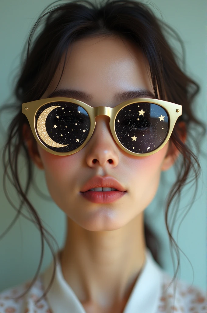 The model is wearing glass sunglasses with stars and the moon on the glass