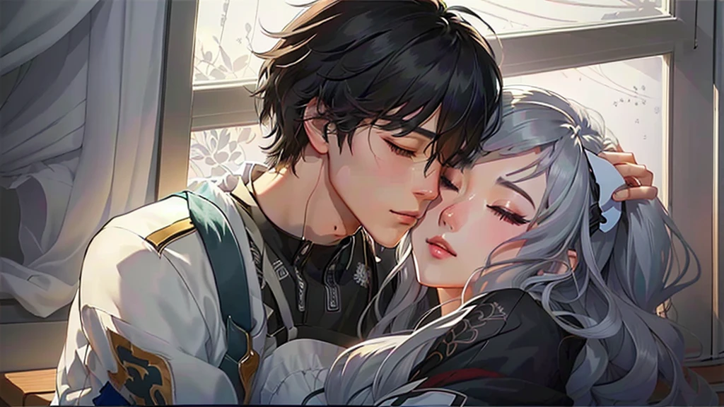 anime couple hugging each other in front of the window, high quality fanart, Manhwa, couple pose, work in Guweiz style, kawaii realistic portrait, detailed fanart, 1 guy, black hair, eyes closed, one girl with gray hair