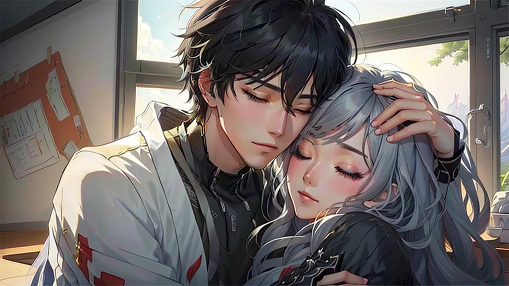 anime couple hugging each other in front of the window, high quality fanart, Manhwa, couple pose, work in Guweiz style, kawaii realistic portrait, detailed fanart, 1 guy, black hair, eyes closed, one girl with gray hair