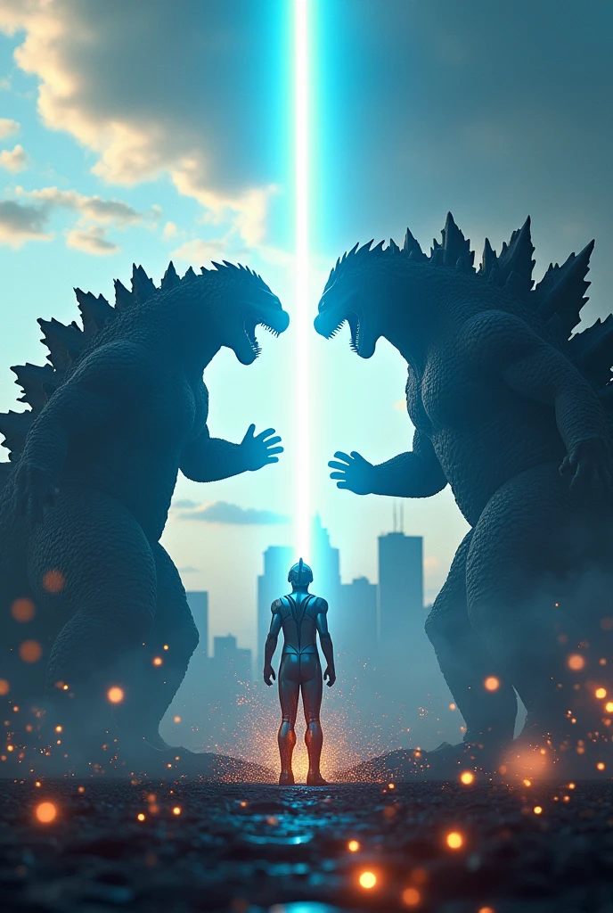 Detailed Ultraman with powerful hand raised laser beam, Godzilla and Ultraman face off against each other, firing laser beams, Dramatic blue laser beam, Cinematic tilt-shift photo effects