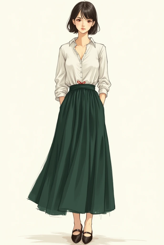 Make it in sketch style. Long dark green skirt that ends near the ankle and 4 cm above the end of the skirt a 1 cm red ribbon, with a normal white blouse 