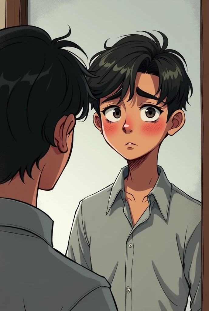 A young and mature (male)person with formals shirts looking himself in the mirror with deep sadness because he is realizing he is not good enough. And the image should be look as a sketch.And the face of the boy should look like a cartoon. THIS image was good just remove the red color on boys cheek. And make him look like aged between 18 to 25. Put no red color or boys face
I said please don't put any blusher or colour on boys face only skin colour is good