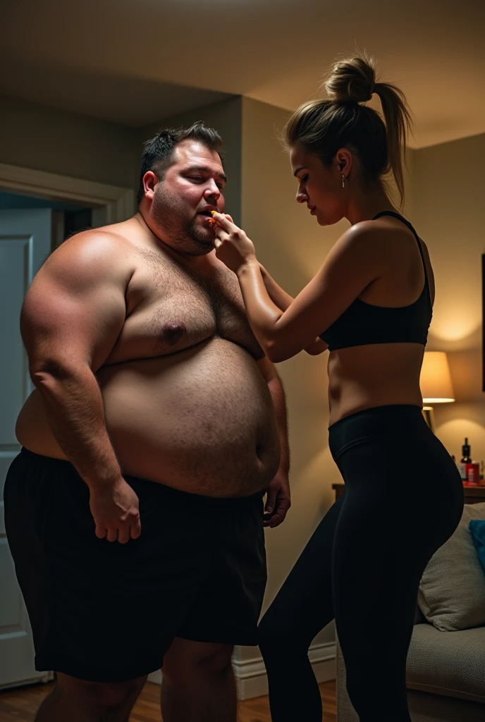 Create a scene depicting a dramatic role reversal where a once-handsome, muscular man has become extremely overweight and lost all his muscle tone. The woman, who was previously overweight, is now athletic and slim, showcasing her toned physique in tight-fitting athletic clothing. She is confidently and dominantly feeding the man, who is now slouched and struggling under the weight of his large body. His face shows a mix of discomfort and resignation, emphasizing his weakened state. The background could be a dimly lit living room or kitchen, highlighting the stark contrast in their appearances and power dynamics