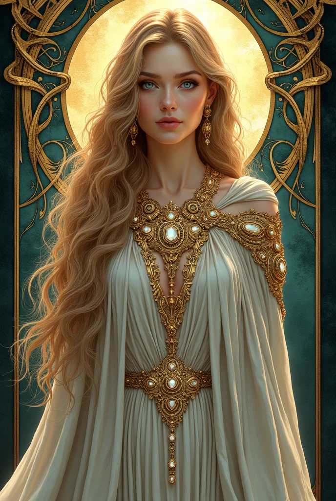 Illustration of the Norse goddess Freyja, cloak made of falcon feathers, elaborate Viking necklace of gold and jewels. Art Nouveau style.