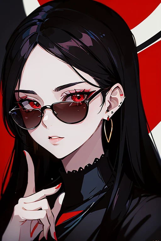 (Portraits:1.4), (masterpiece:1.2, best quality:1.2),a woman with glasses and a red eye is looking at the camera, high quality artstyle, style portrait, style character face focus, extremely detailed face, extremely detailed eyes, good-looking, make up, finger on lips, sunglasses, fashion wear, earrings,