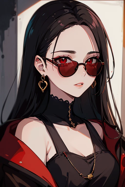 (Portraits:1.4), (masterpiece:1.2, best quality:1.2),a woman with glasses and a red eye is looking at the camera, high quality artstyle, style portrait, style character face focus, extremely detailed face, extremely detailed eyes, good-looking, make up, finger on lips, sunglasses, fashion wear, earrings,