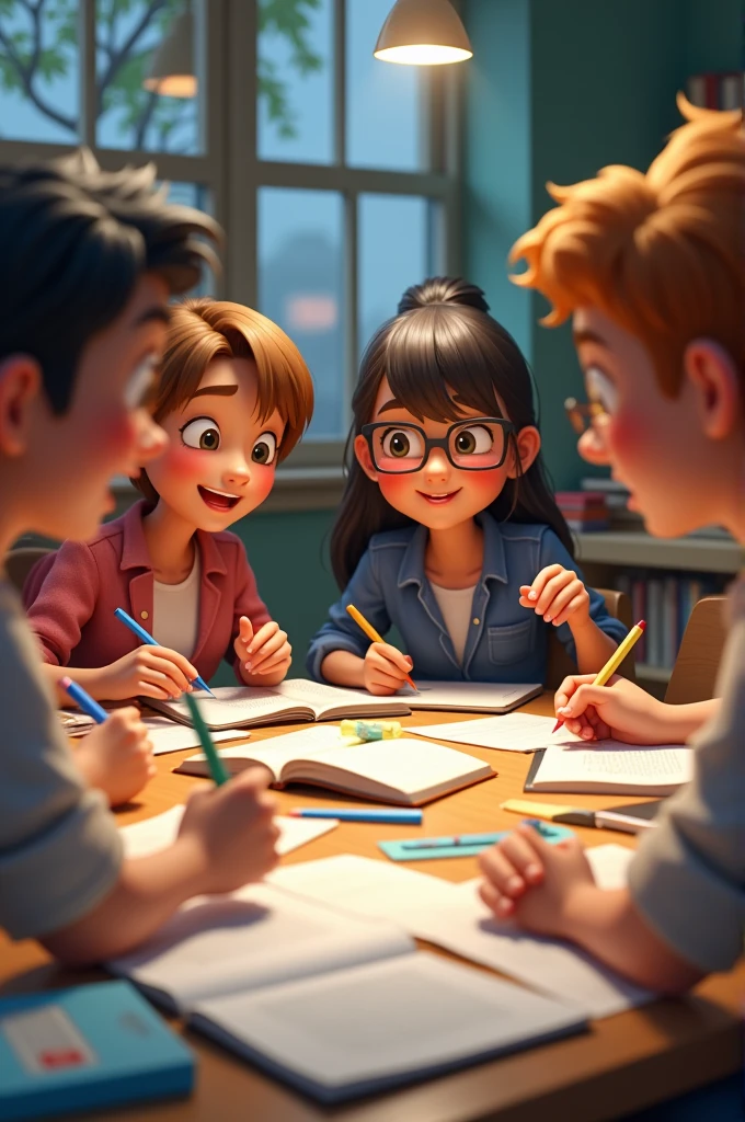 In cinematic 3d cartoon style' Exam Preparation: "A group of students gathered around a table, helping each other prepare for exams. Some are focused on reading, while others are taking notes or discussing concepts. The table is cluttered with books, notebooks, and stationery, showing the intensity of the preparation. Despite the serious task, the students occasionally smile and support one another, reflecting the camaraderie during challenging times."