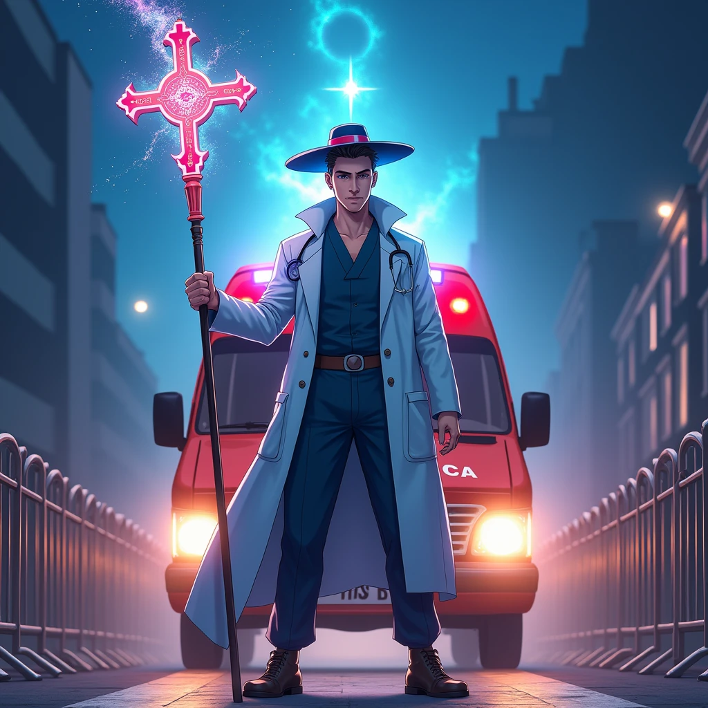 a guy in an astrologer's cap with a magic staff in the form of a cross, in shorts and a medical gown stands at the finish line next to an ambulance in anime style