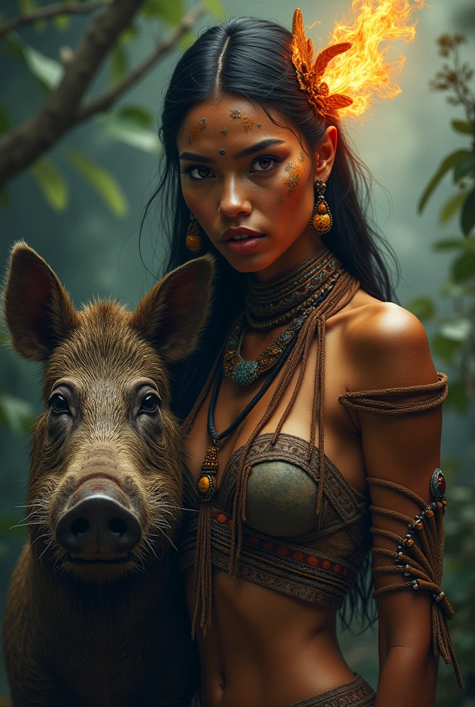 A teenage indigenous man with fiery eyes with a wild boar 