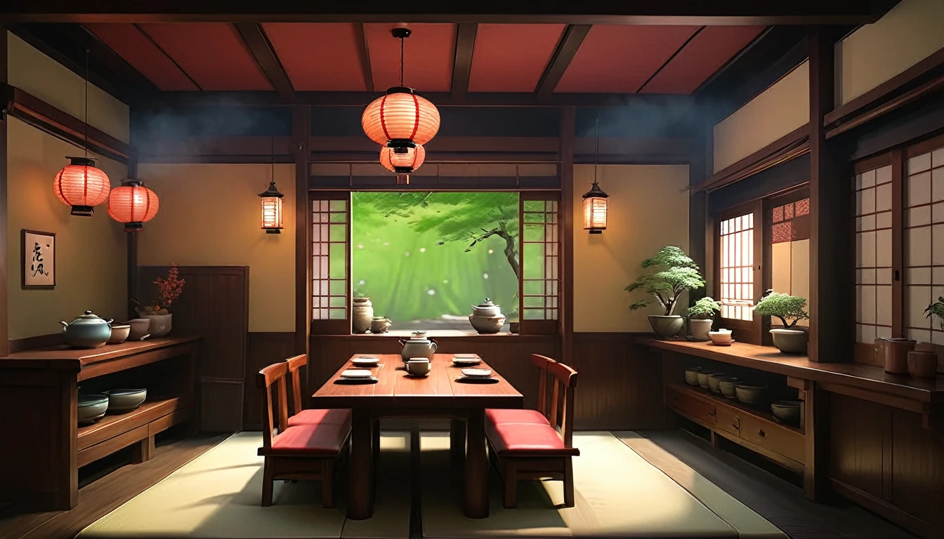 there is a cartoon image of a japanese Dining room with a lot of tables, Digital rendering inspired by Yoshida Hanbei, pixiv, Folk Art, A cozy pub, Cozy cafe background, fantasy Pub Background, Pub Background, Cafe interior, Traditional Korean interior decoration, Tokyo izakaya scene, Tea Ceremony Scene, detailed 2d illustration, Dining room