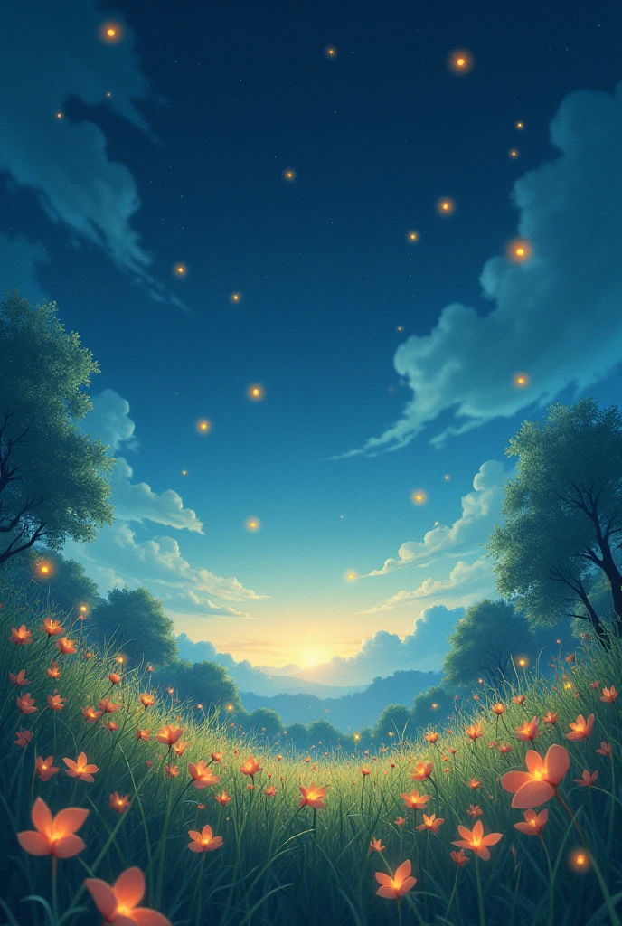 starry sky, flower field, enchanting atmosphere, dreamlike, fireflies
