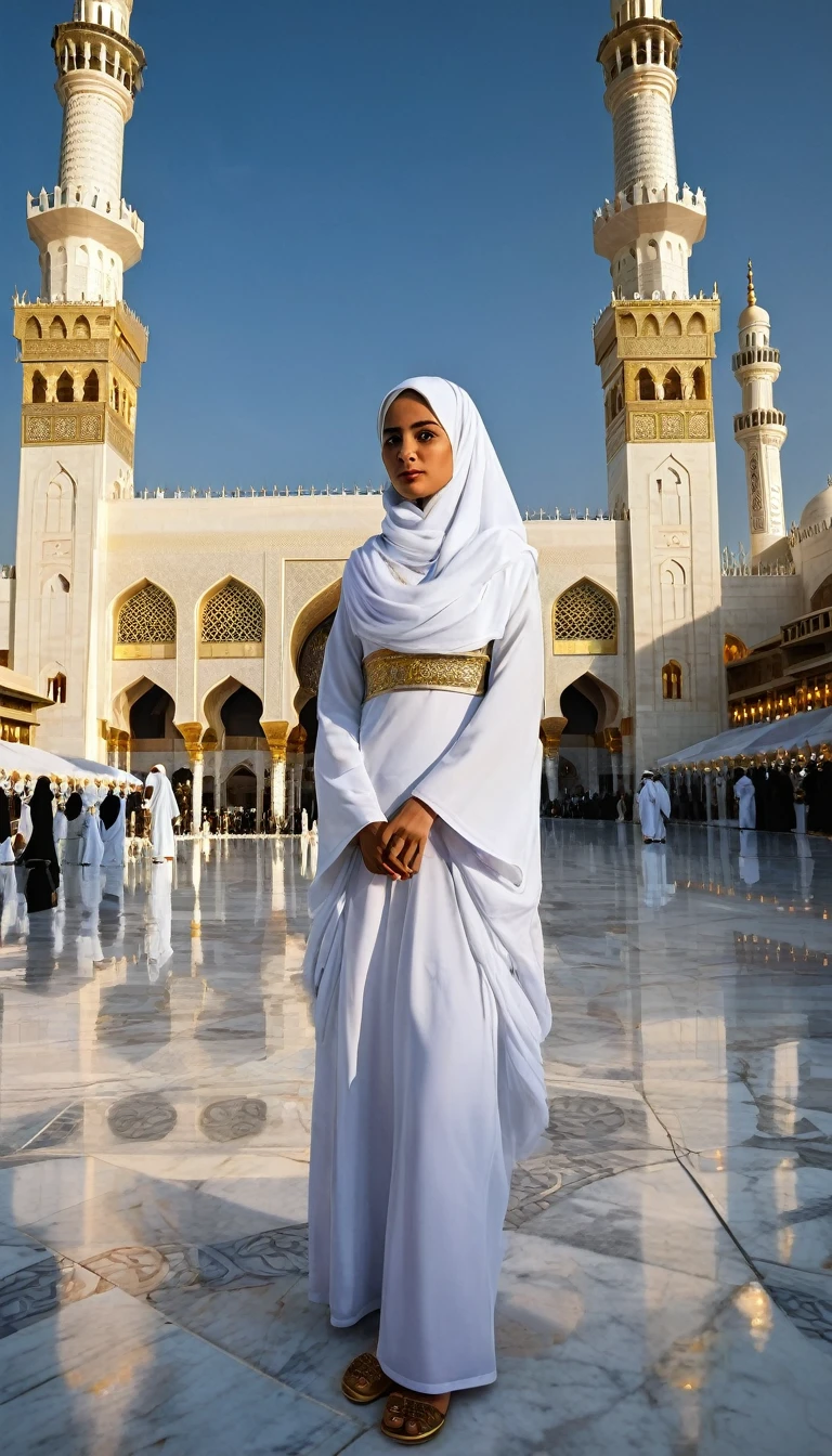 **A highly detailed Muslim woman in traditional attire in Mecca**: The woman stands with serene grace in the courtyard of the Grand Mosque, surrounded by the vast, sacred expanse of Mecca. She is dressed in a flowing black abaya, the fabric rich and slightly textured, catching the soft light of the setting sun. Her hijab is neatly wrapped, framing her face with precision, the material smooth and slightly shimmering, reflecting the reverence of the holy site. Her face is calm, with eyes that convey deep spirituality and tranquility. 

In the background, the Kaaba stands tall and majestic, its black and gold coverings glowing under the twilight sky. Pilgrims, clad in white ihram, move around the sacred structure in a peaceful, orderly manner, creating a sense of unity and devotion. The marble tiles underfoot are cool and pristine, reflecting the soft, warm light of the lanterns that line the mosque’s corridors. The atmosphere is deeply spiritual, filled with the low hum of prayers and the soft rustling of robes, emphasizing the sanctity of the moment. The woman’s attire is modest, traditional, and perfectly aligned with the setting, capturing the essence of Islamic faith and the profound significance of Mecca.