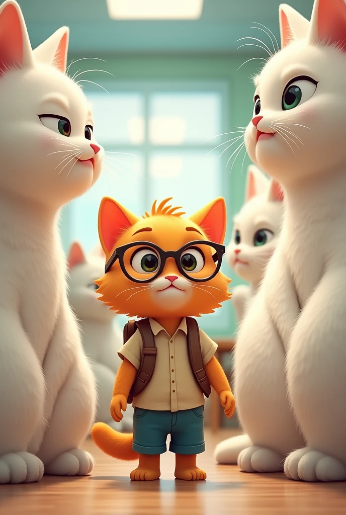 Orange kitten with glasses and backpack in school clothes at school with big and strong white cats in front of him