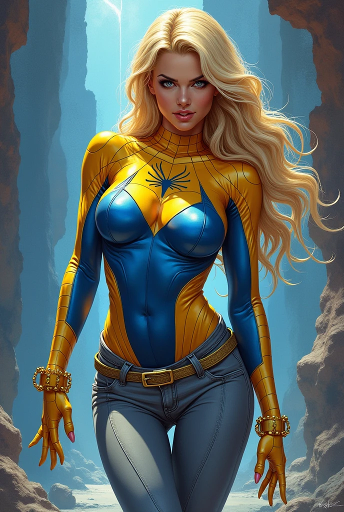 Britney with the cover of The Amazing Spider-Woman 40, silk spectrum, gray jeans, in blue and yellow clothes, full body portrait of gray jeans, portrait of gray jeans, Phil Noto cover art, mœbius , Phil Noto and rebecca guay, Phil Noto, a little bit of yellow and blue, by Bernie D&#39;Andrea best quality, realisitic, realisitic, award-winning illustration, (Highly detailed texture of face and skin), (all-body), (Complicated Detail: 1.2), (fine-details), (Complicated Detail), (Cinematic Lights, better quality backlight), Sharp lines, sharp focus, offcial art, unity wallpaper 8k, absurdrez, unbelievably absurd, huge filesize, ultra-, Fantasyart, RTX,((award-winning studio close-up photos)), , (escape), , perfect hands, beautiful detailed eyes, face perfect