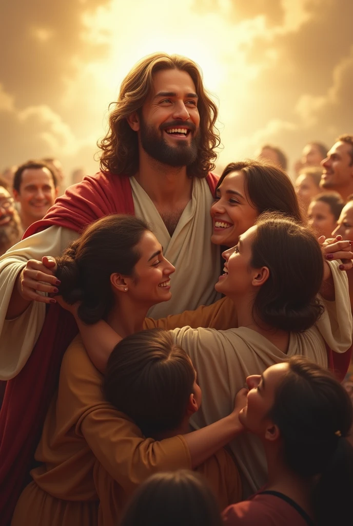 "Create a touching image of Jesus embracing His faithful followers, symbolizing His deep love and compassion. Depict Jesus with open arms, warmly embracing a diverse group of people who are gathered around Him. The individuals should represent a variety of ages and backgrounds, each showing expressions of joy, relief, and deep connection. The setting should be serene and uplifting, with soft, divine light emanating from Jesus, casting a warm glow over the scene. The background could feature subtle, heavenly elements, like soft clouds or a gentle halo of light, to enhance the sense of divine presence and love. Use gentle, warm colors and soothing lighting to capture the profound, nurturing nature of Jesus's embrace and His unconditional love for His followers."




































