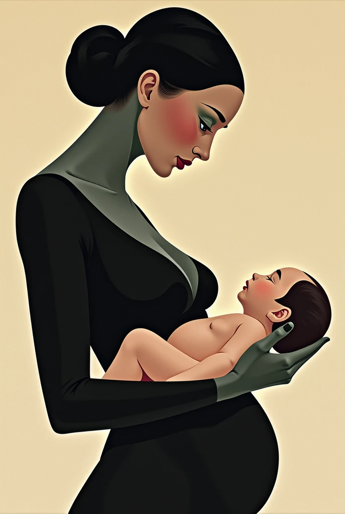 Make me a woman, the figure of a woman who holds the head of a baby in one hand and the body of the baby in the other, constructivist style