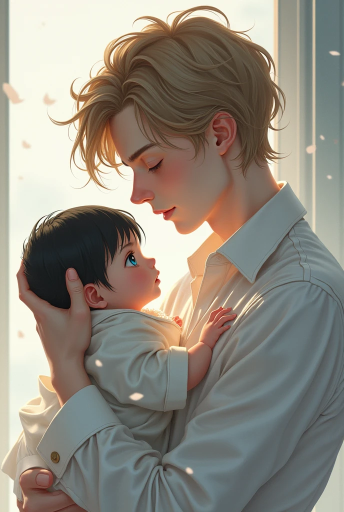 Create a man like 1 with pale skin, blue eyes and honey brown hair, and delicate appearance, holding a black-haired anime-style in her arms