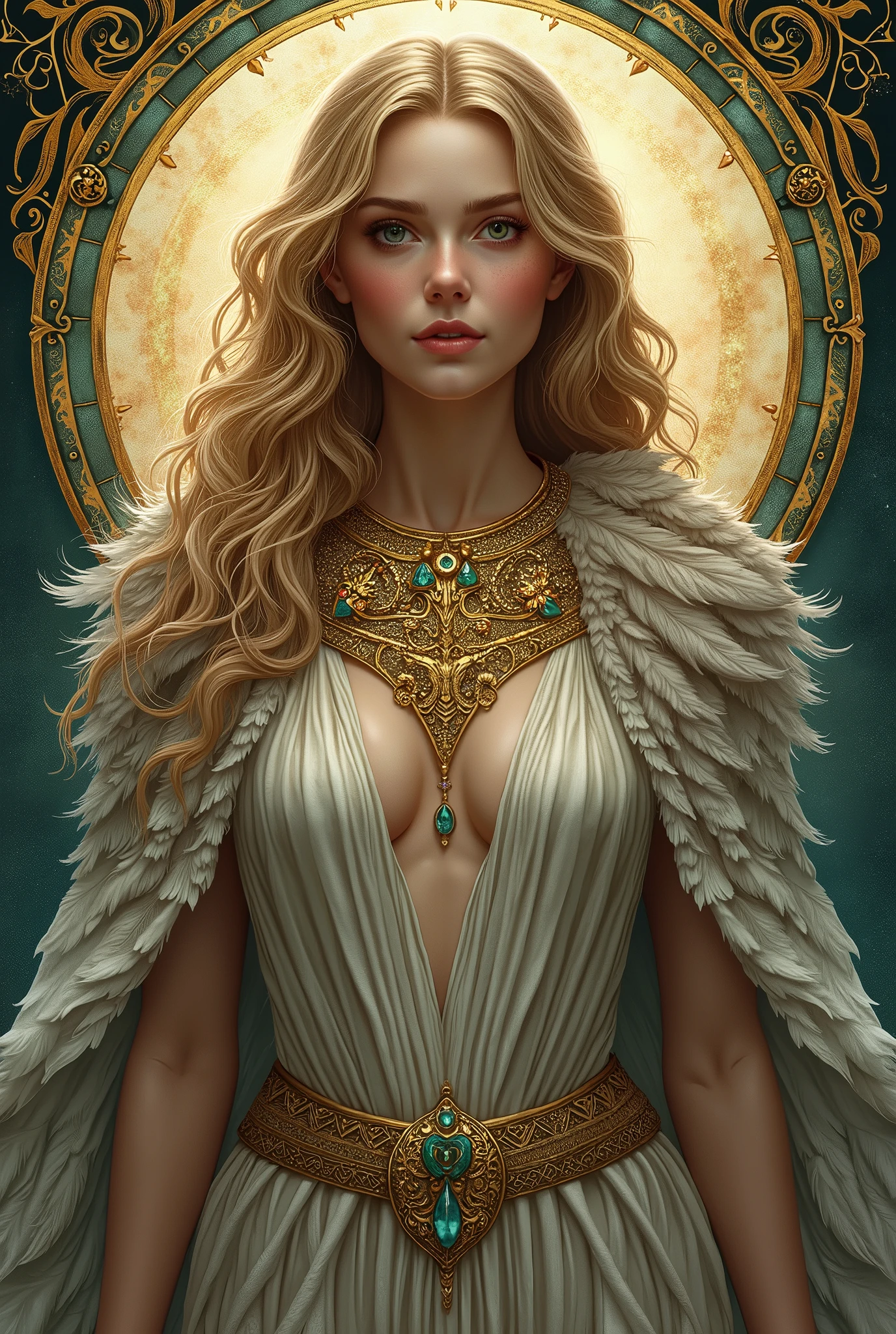 Illustration of the Norse goddess Freyja, cloak made of falcon feathers, elaborate Viking necklace of gold and jewels. Art Nouveau style.
