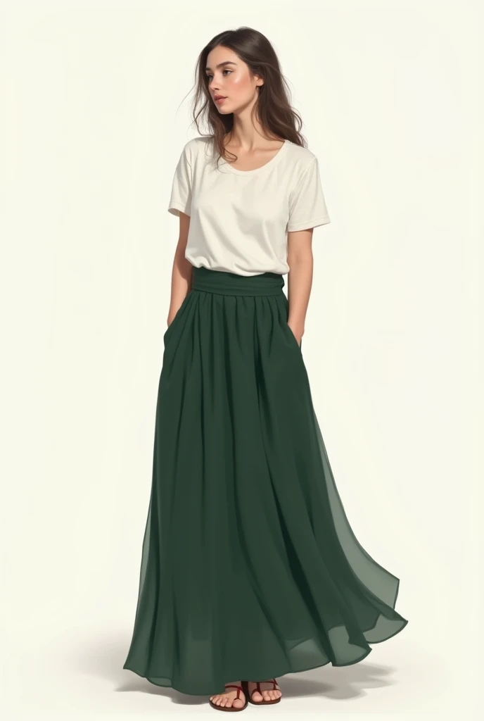 Make it in sketch style. Long dark green skirt that ends near the ankle and 4 cm above the end of the skirt, a 1 cm red ribbon that goes around the end of the skirt , with a normal white t-shirt
