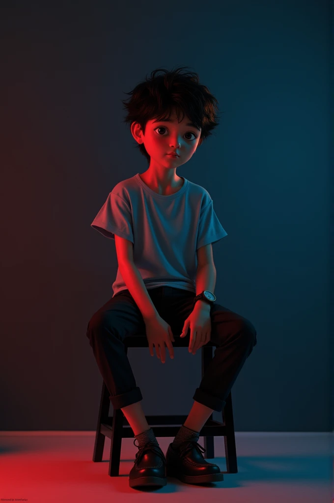 A tan boy with and black wave hair and sky blue short sleeve shirt with black long trousers and old watch on it and black loafers sitting on black stool and black background red and blue light on it the