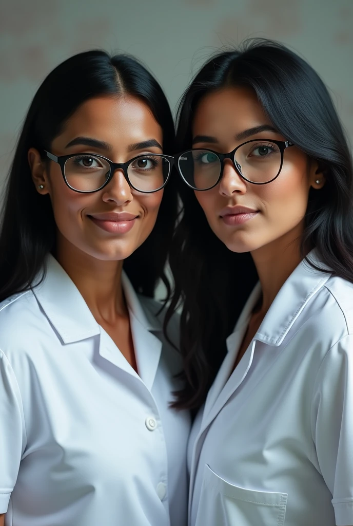2 dark-skinned Colombian woman in a DENTIST uniform, square face, round and a little big nose, almond-shaped black eyes, medium black hair, straight eyebrows and round, thin glasses