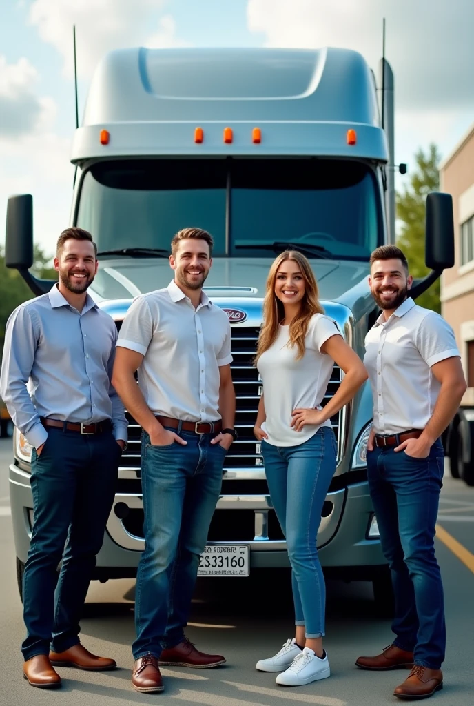 4 male and female truck salers smiling Infront of a truck for sale in USA

