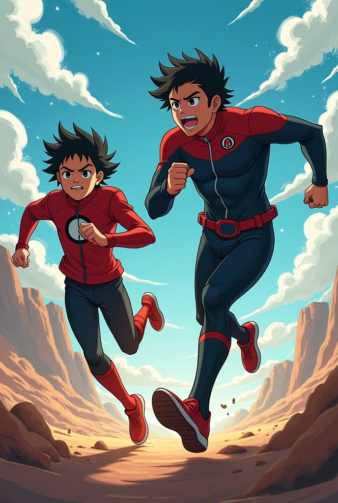 The two heroes are neck-and-neck, but Oliver stumbles as an unexpected obstacle appears. Anime style.
