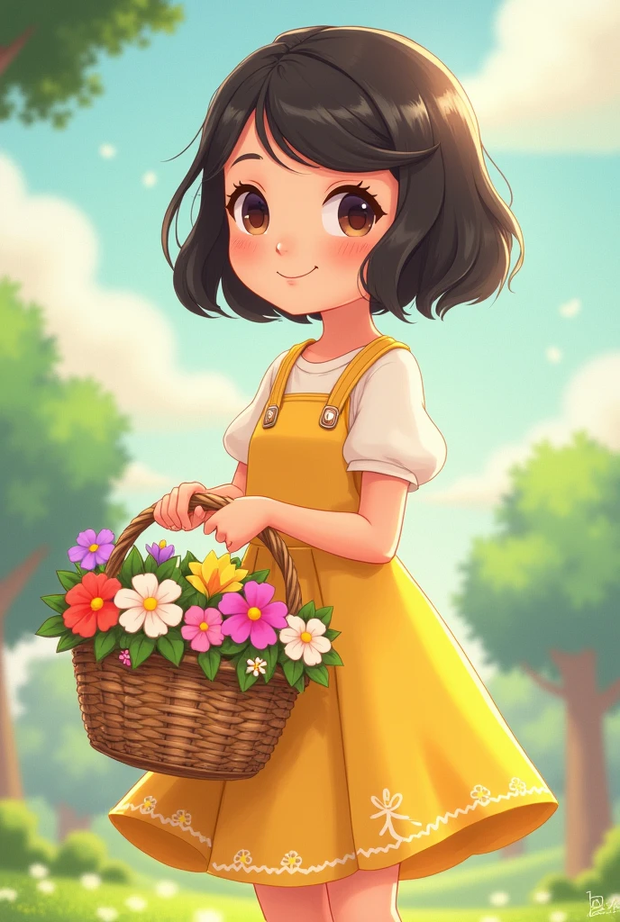 Animal crossing style girl with a yellow summer dress and short black hair holdind a basket of flowers