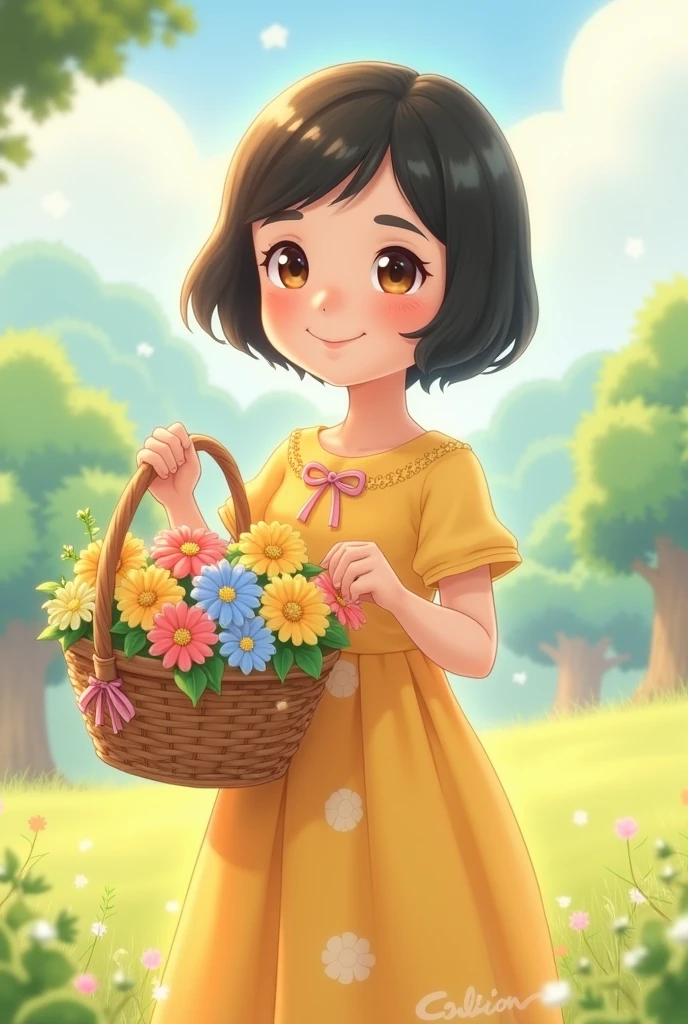 Animal crossing style girl with a yellow summer dress and short black hair holdind a basket of flowers