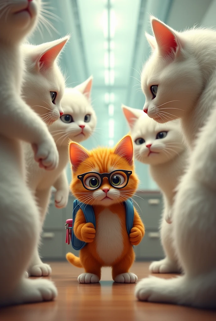 Sad scared orange kitten with glasses and backpack with school clothes at school with big strong white cats humiliating him in front of him