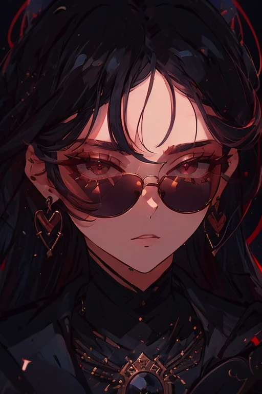 (Portraits:1.4), (masterpiece:1.2, best quality:1.2),a woman with glasses and a red eye is looking at the camera, high quality artstyle, style portrait, style character face focus, extremely detailed face, extremely detailed eyes, good-looking, make up, finger on lips, sunglasses, fashion wear, earrings,