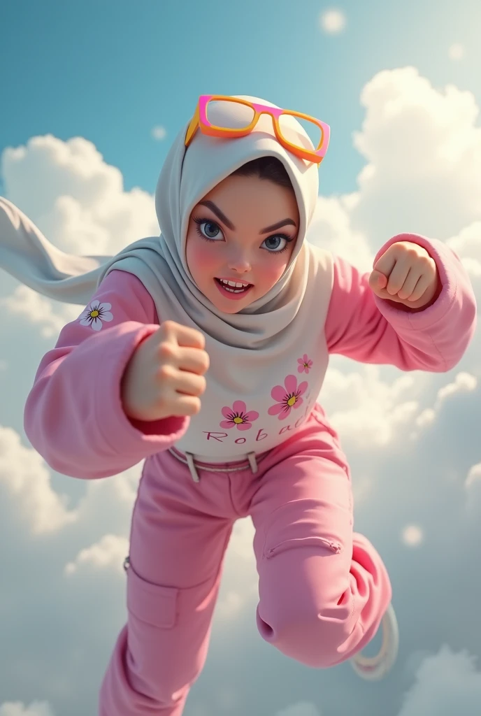 Malaysia japan thailand women a realistic masterpiece. Human .wear pink watch.. 1girl wearing a hijab. detailed beautiful face,small nose. Big lips.Hijab Muslim. Wear long sleeve modern design mixed sew pink white loose size. Small detail ,cargo suit , jacket pink. Pink cargo pant.. . anger face, minimalist flower on shirt. . anger face. Open mouth. Wear pink white. Wear small Safety Pink yellow glasses google spectacle top on head. . Age 20 year old. Flying position. Fast fly. Panning effect Photography . Flying have a super strong power.. punch. . Fight pose. Bokeh background. fist front.. At high sky, lot of cloud , detailed lips, long eyelashes. Hero, modest expression, delicate facial features, natural skin tones, , detailed folds and textures of hijab, natural lighting, high quality, photorealistic, 8k, best quality. Malaysia girl. . ). . . Braces teeth. Boleh background. Panning effect. Fast flying