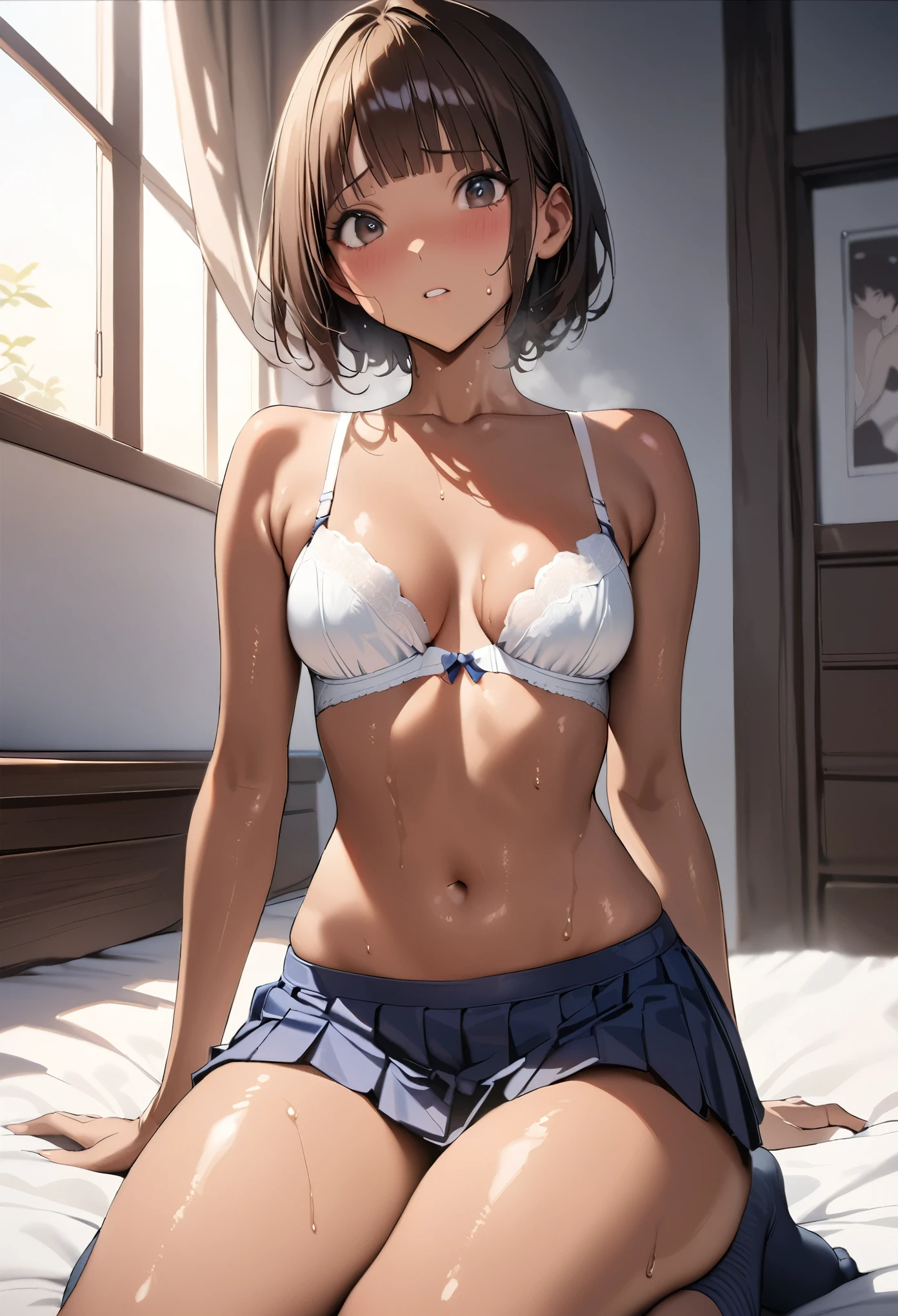((masterpiece,best quality anime,Highest quality:1.3)),realistic,cowboy shot,(2 beauty),1woman,独奏,((very small head:1.4)),((very long body:1.3)),(short hair),bangs,dark brown hair,gorgeous big eyes,black eyes,shy,too hot,((tan skin:1.3)),(White bra、navel、Navy blue pleated mini skirt,Navy blue socks),((slender body:1.4,skinny)),medium breasts,gleaming skin,shiny skin,oily skin:1.3,sweat:1.5,Love juice、kneeling,Simple bed、Simple bedroom、Sunset、