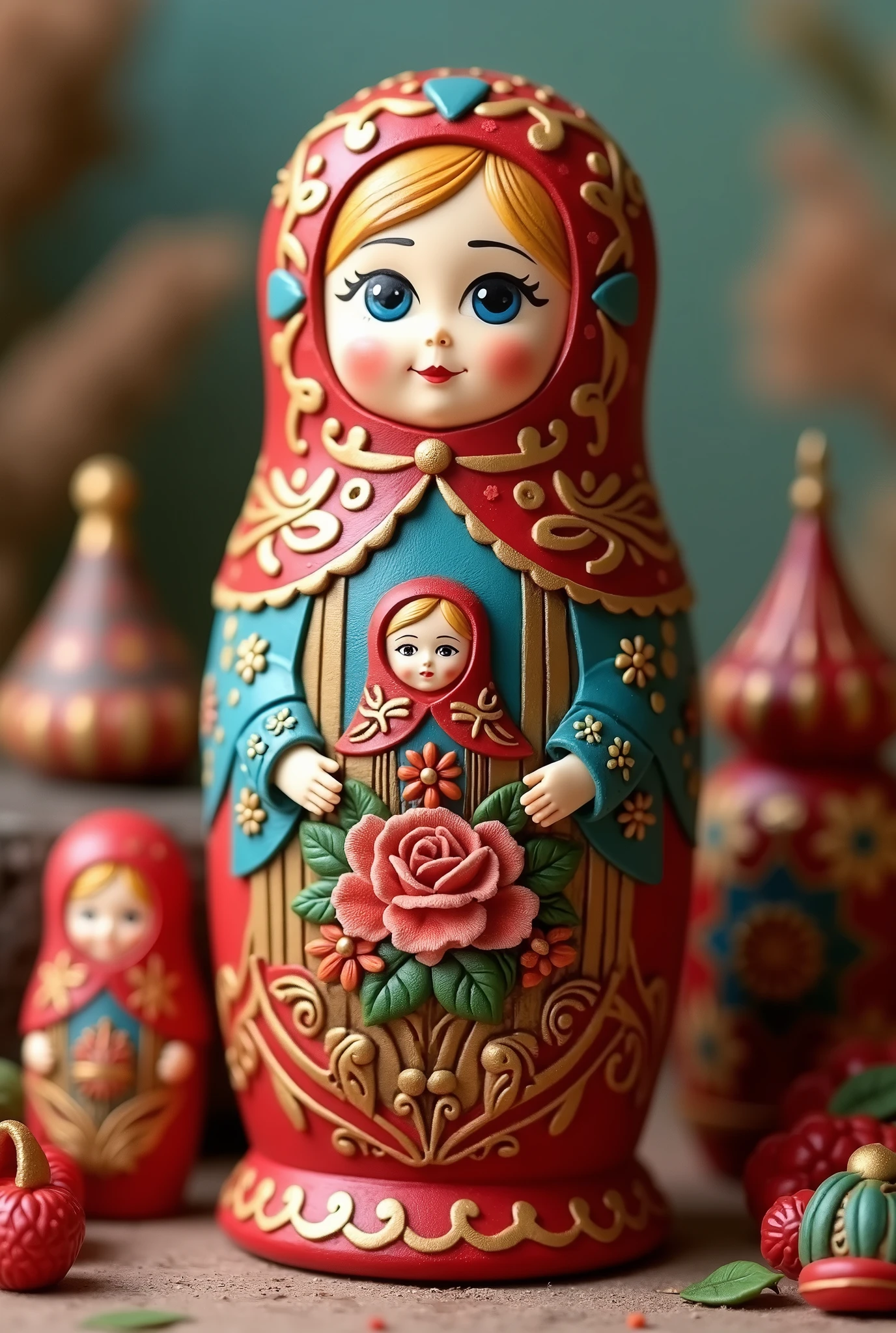 Affiche publicitaire entièrement en pâte à modeler. (Title : Matriochka). A real treasure of Russia. Prestigious Russian Matryoshka doll box made of modeling clay. high quality. Details impressionnant. Typical Russian background. (Details). Stunning. Treasures. Modeling clay. (Title : Matriochka).