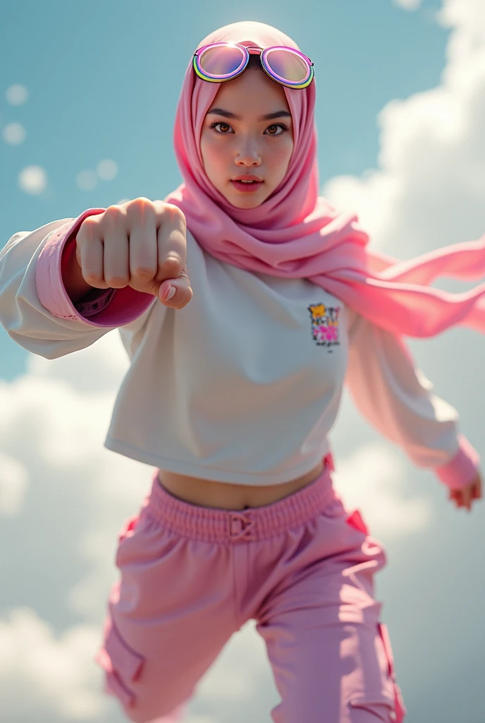 Malaysia japan thailand women a realistic masterpiece. Human .wear pink watch.. 1girl wearing a hijab. detailed beautiful face,small nose. Big lips.Hijab Muslim. Wear long sleeve modern design mixed sew pink white loose size. Small detail ,cargo suit , jacket pink. Pink cargo pant.. . anger face, minimalist flower on shirt. . anger face. Open mouth. Wear pink white. Wear small Safety Pink yellow glasses google spectacle top on head. . Age 20 year old. Flying position. Fast fly. Panning effect Photography . Flying have a super strong power.. punch. . Fight pose. Bokeh background. fist front.. At high sky, lot of cloud , detailed lips, long eyelashes. Hero, modest expression, delicate facial features, natural skin tones, , detailed folds and textures of hijab, natural lighting, high quality, photorealistic, 8k, best quality. Malaysia girl. . ). . . Braces teeth. Boleh background. Panning effect. Fast flying
