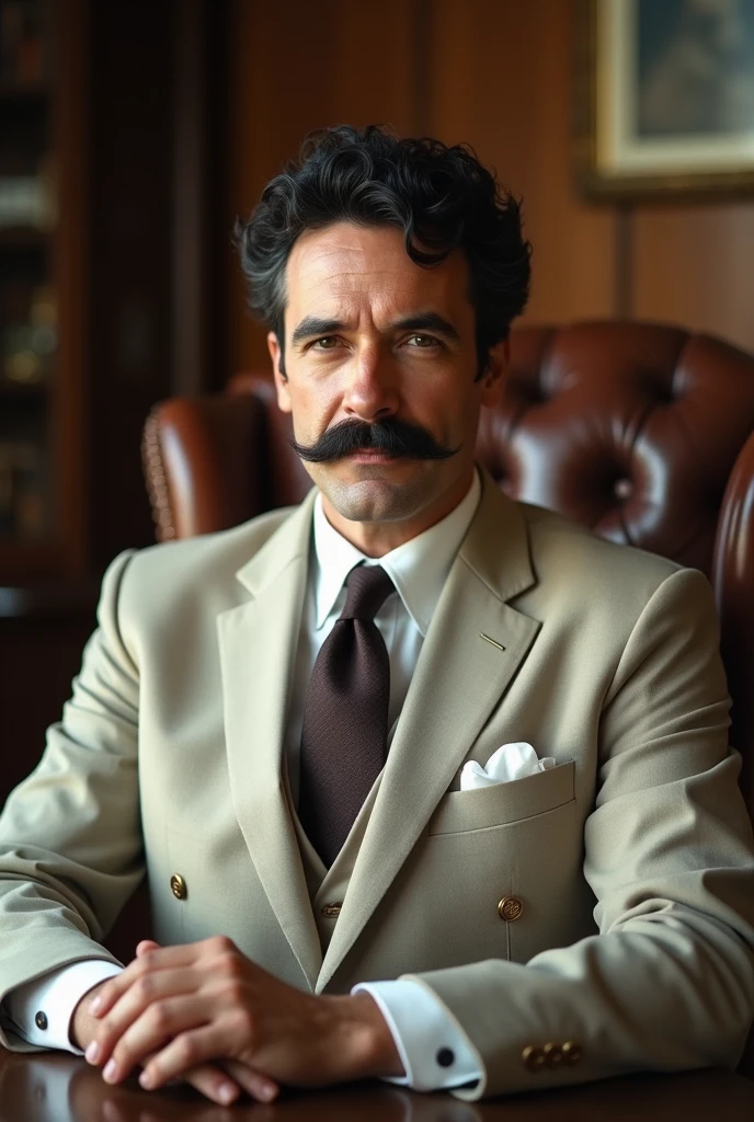 In this image, a man with a classic and slightly formal appearance is seated in a leather chair. He is wearing a light-colored suit with a tie, and he has curly dark hair, a mustache, and a confident expression. The setting suggests a business or official context, and the overall mood is one of authority and presence, 60 years